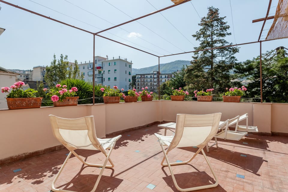 Terrace with dining area, sun beds, beach chairs, and view on internal garden.