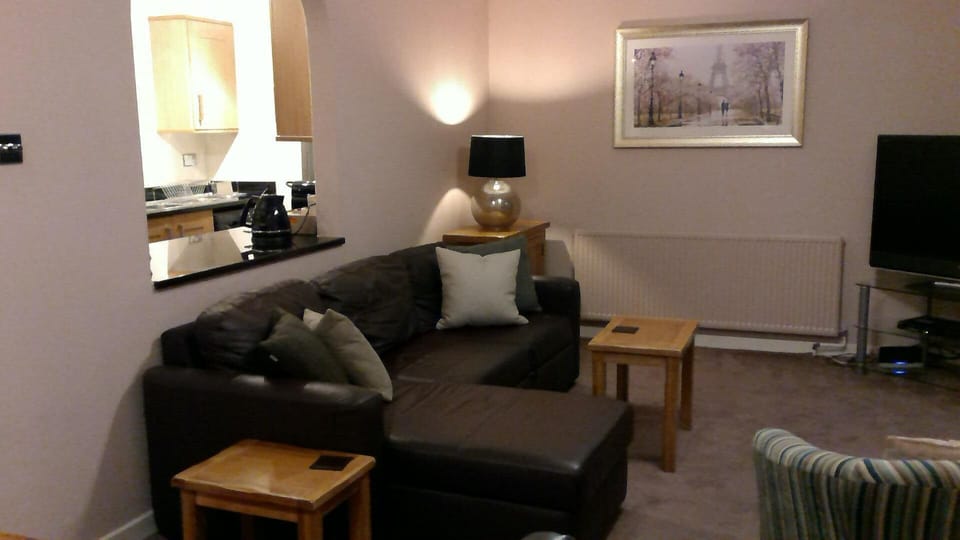 Lounge area with leather corner sofa (double sofa bed).