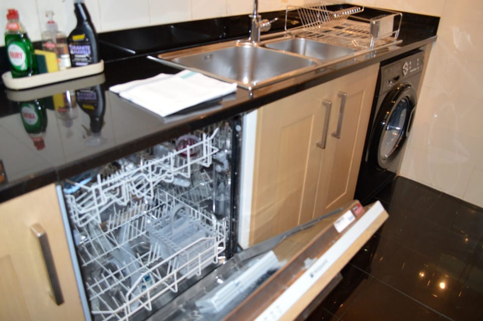 Under counter dishwasher. Washing tablets, rinse aid, salt provided.