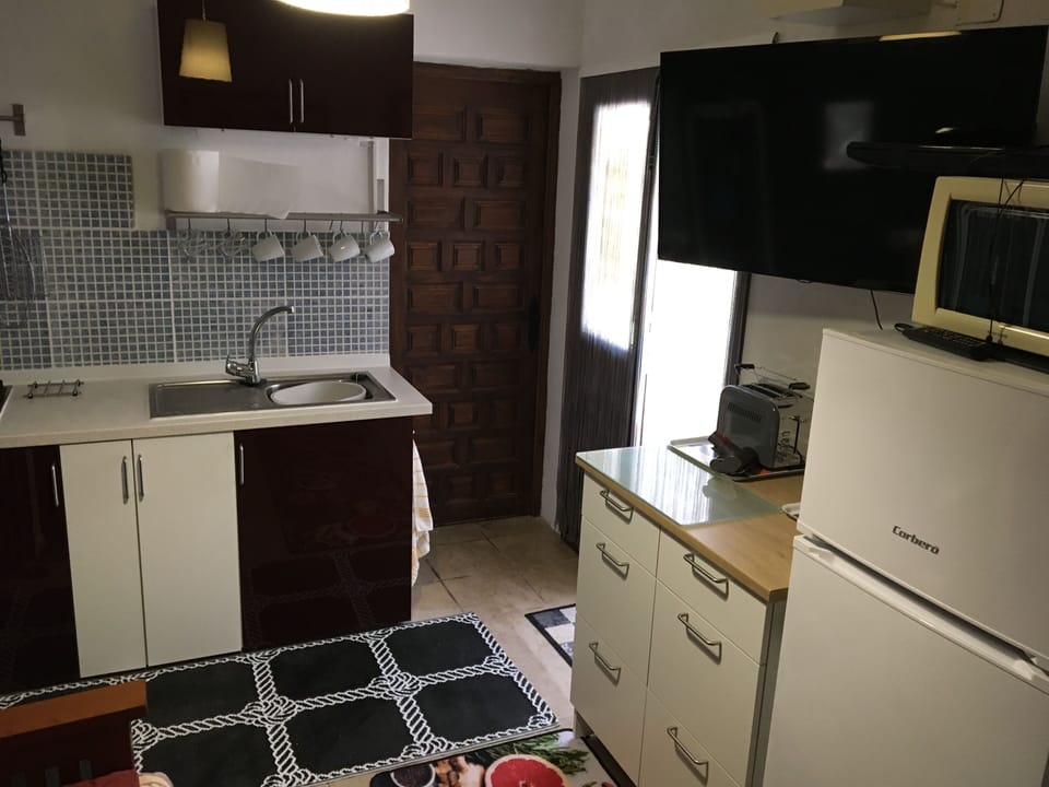 Kitchen with 2 ring hob, fridge freezer, and microwave through to shower room.

