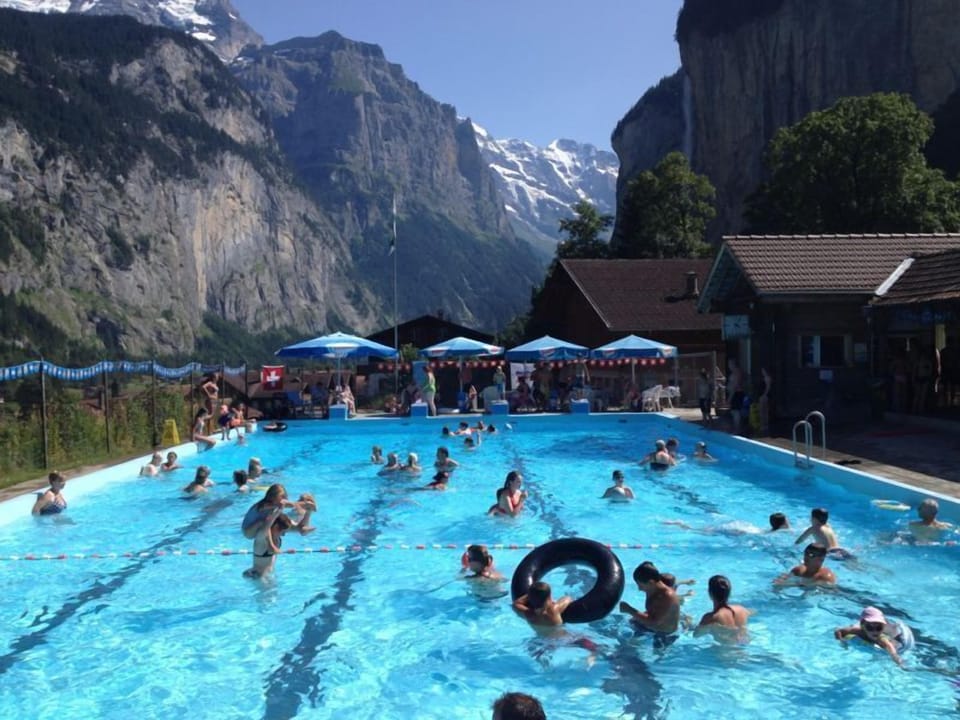 The local swimming pool in the village - with spectacular mountain views