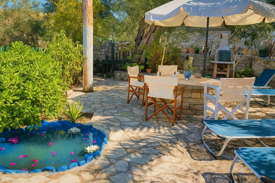Shaded patio with sunbeds, stone table, and a tranquil garden pond