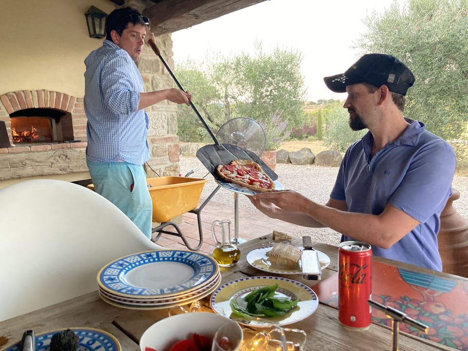 Pizzas on side porch table