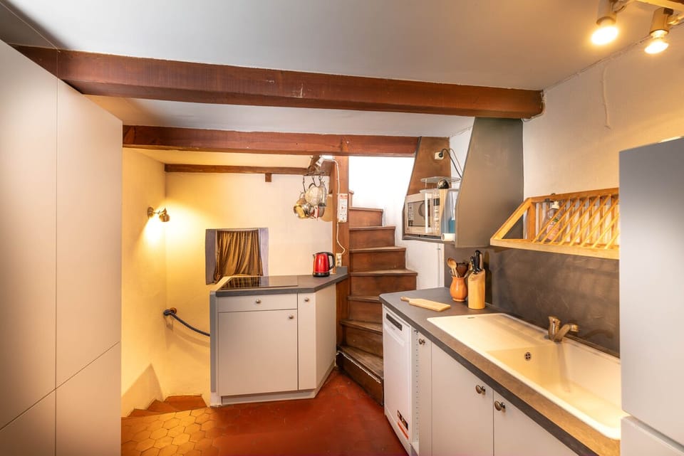 Kitchen with steps leading to terrace