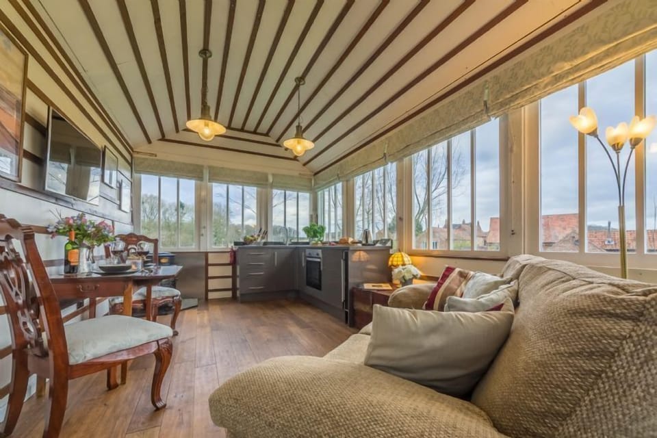The Signal Box, Melton Constable:  Open-plan living space with unique ceiling