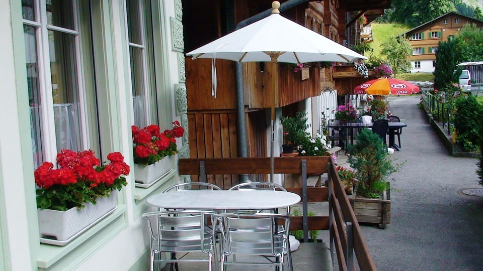 terrase with table  to watch waterfall, mountains