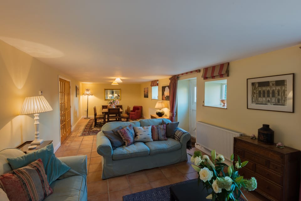 The spacious living and dining room area
