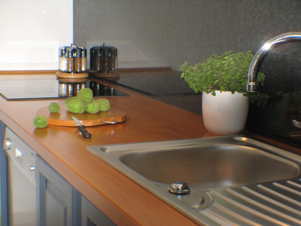 Kitchen with French Doors opening out to the garden with Weber Charcoal Barbeque