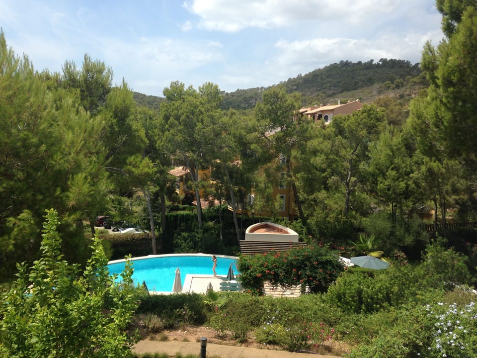 View over our shared pools & pine forested hills beyond, taken from our balcony