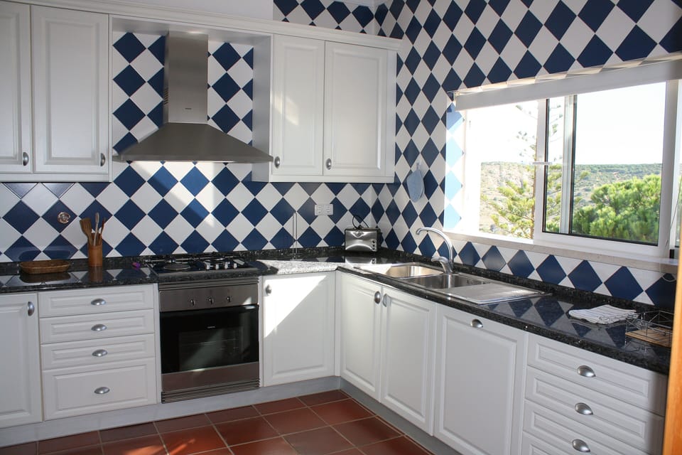 Very well equipped kitchen is spacious and also has a sea view