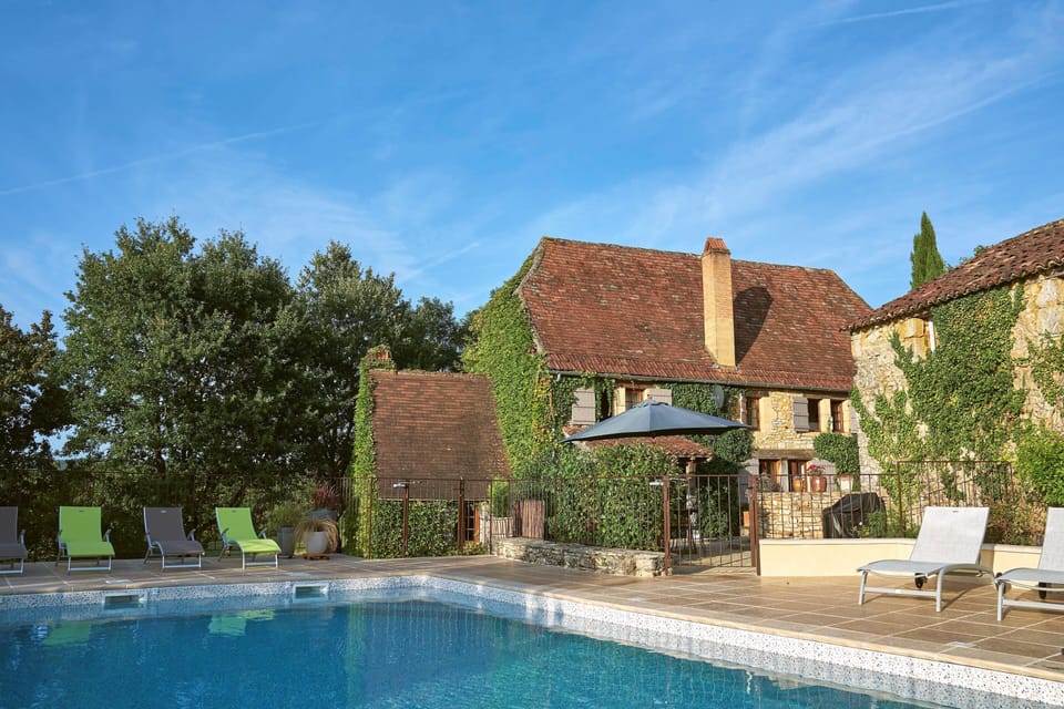 Looking across the pool to walnut and Truffle gites