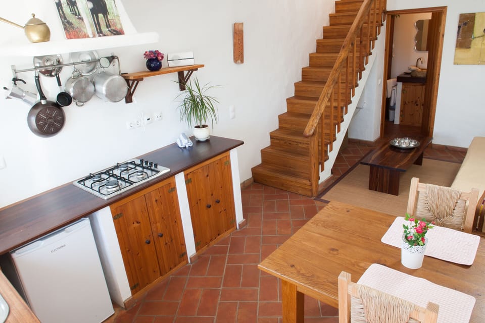 kitchen and stairs with acess to room and terrace