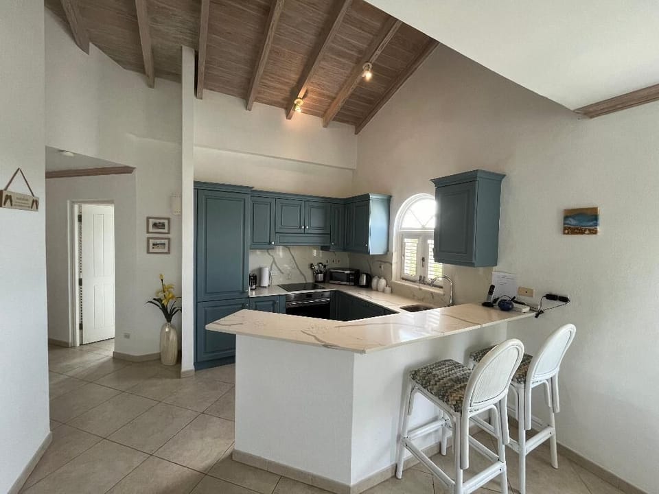 Fully equipped kitchen with fridge/freezer, oven, hob, microwave and dishwasher.