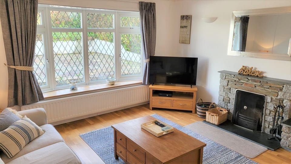 Lounge with 2 comfy sofas, fireplace and large Smart TV