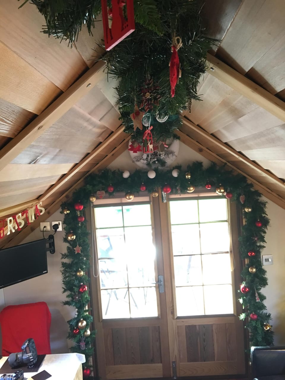 Lodge interior with Christmas decorations