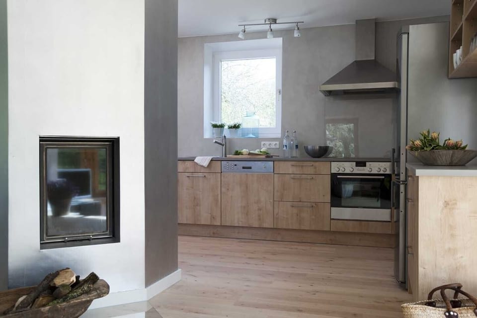 Kitchen and fireplace