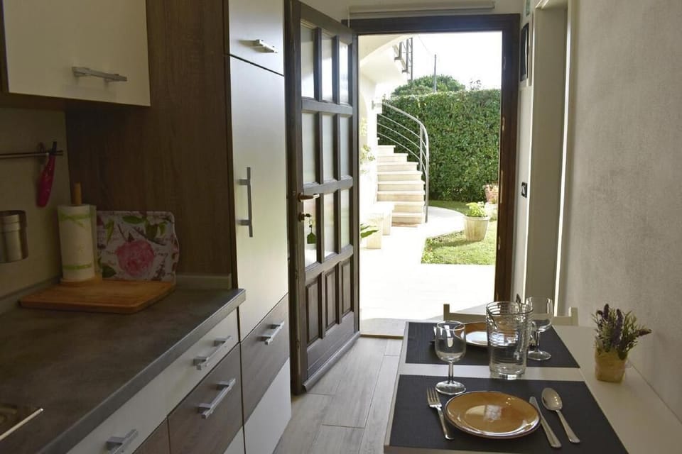 The modern and equipped kitchen with exit to the terrace and garden