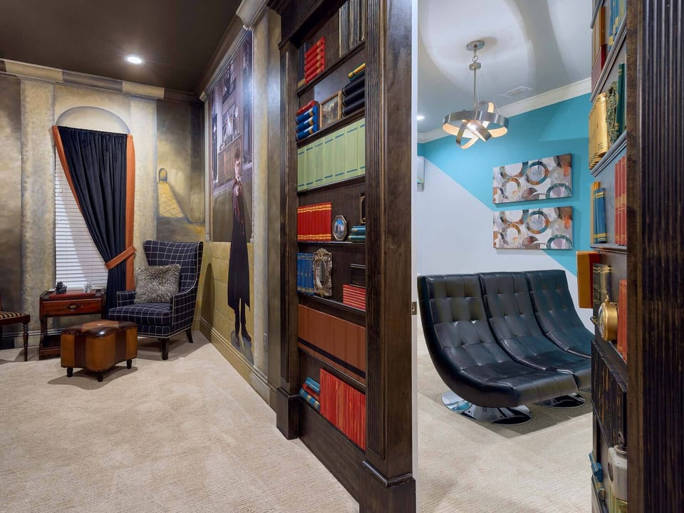 A hidden doorway in the bookcase in bedroom 10 leads to a secret kids' zone