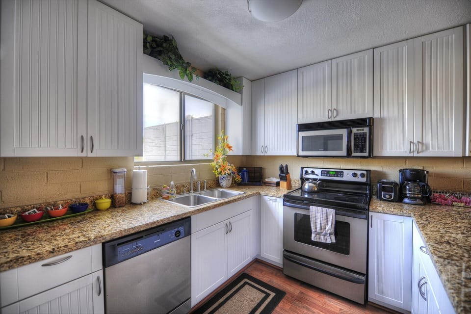 Coffee Maker, Toaster, Blender, Pots & Pans, Dishes, Glasses, Silver & Utensils.