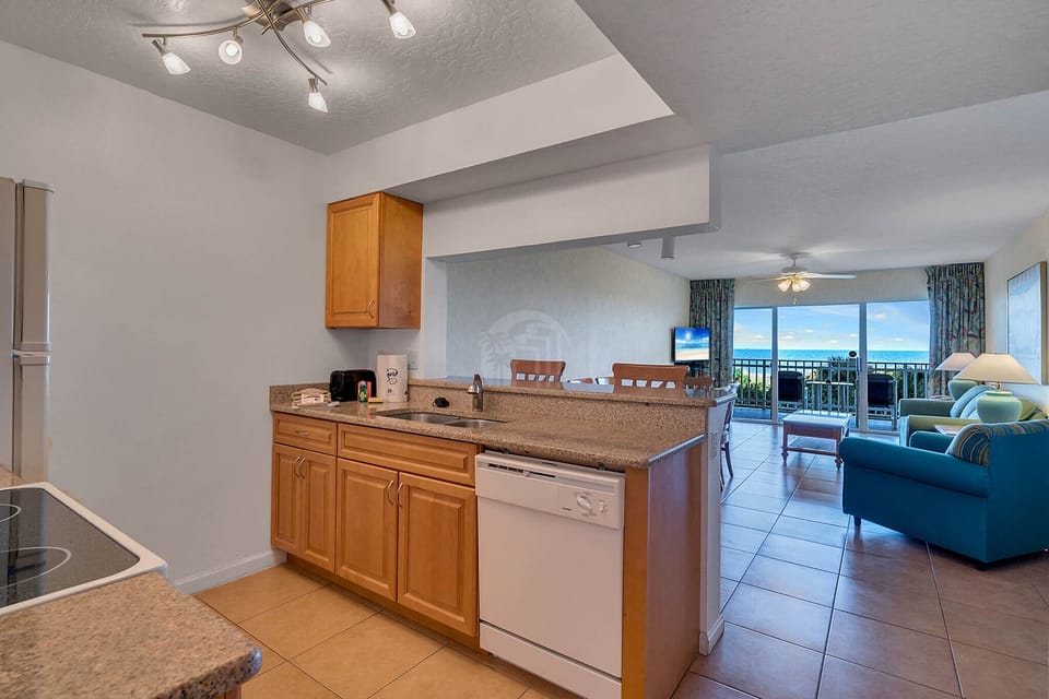 Dishwasher, microwave, stove/oven, coffee maker, toaster, blender, and fridge.
