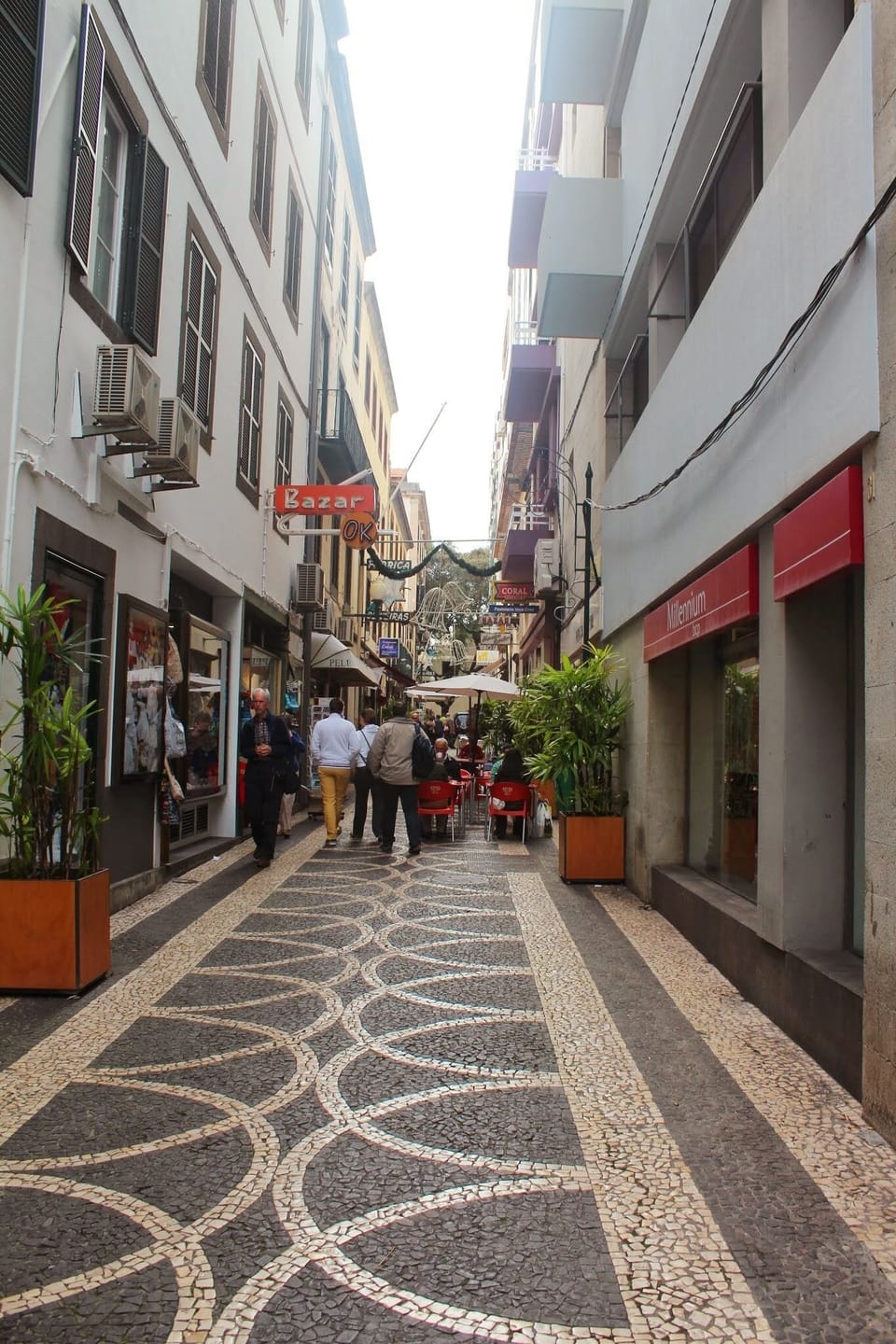 Street of the building, with shops and cafes