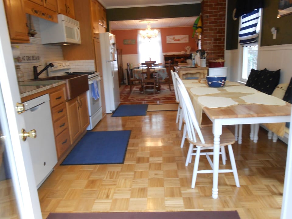 Kitchen into dining room.