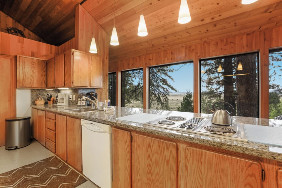 Large kitchen with meadow view.