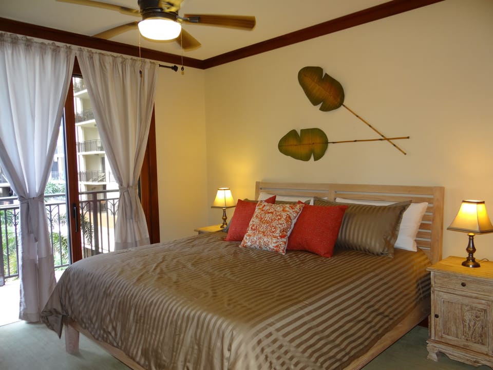 Relaxing Master Bedroom with hand-carved furniture.