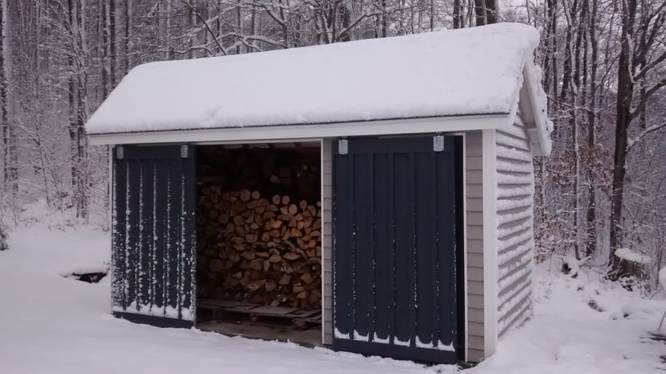 Woodshed off side patio is stocked with seasoned firewood and kindling.