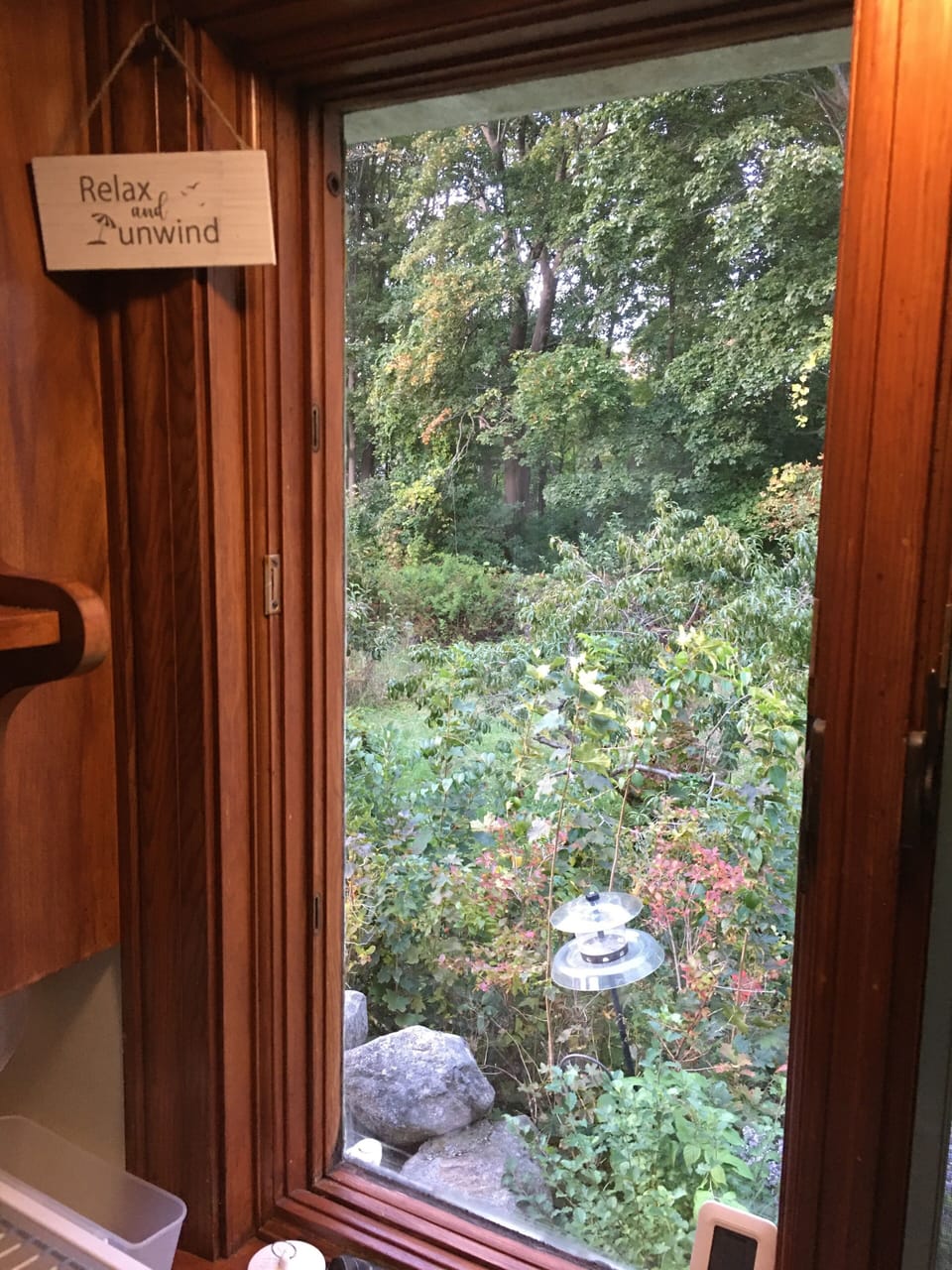 View from kitchen window to rear fruit trees and vegetable gardens.