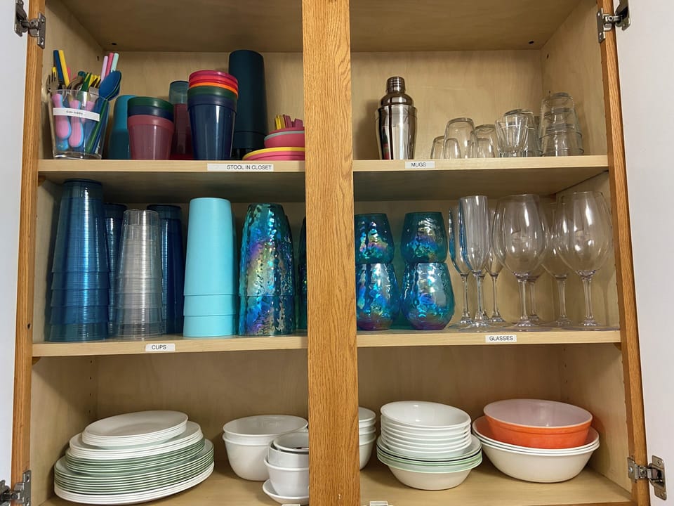 We have added more bowels & plates to have service for 8. Top shelf, kids items.