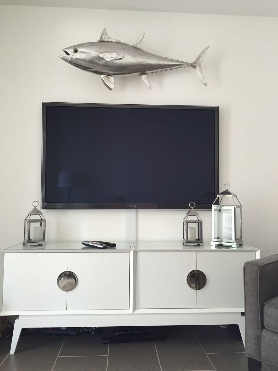 Family Room Giant Flat Screen with Jonathan Adler Media Cabinet