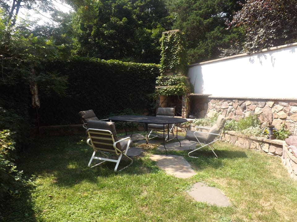 Front courtyard with sitting area and wood burning fireplace