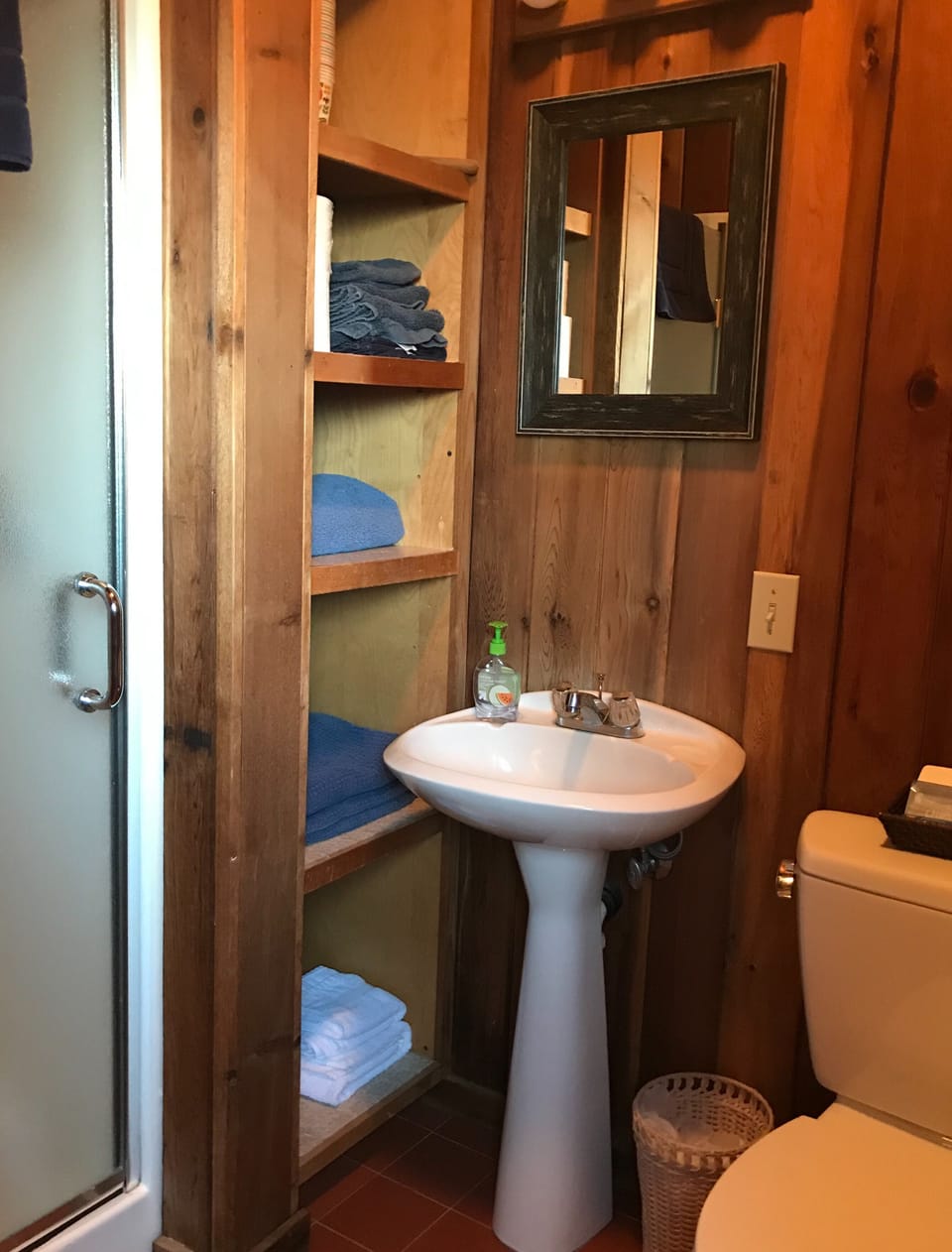 Smaller 3rd bathroom in recreation room with walk in shower. 