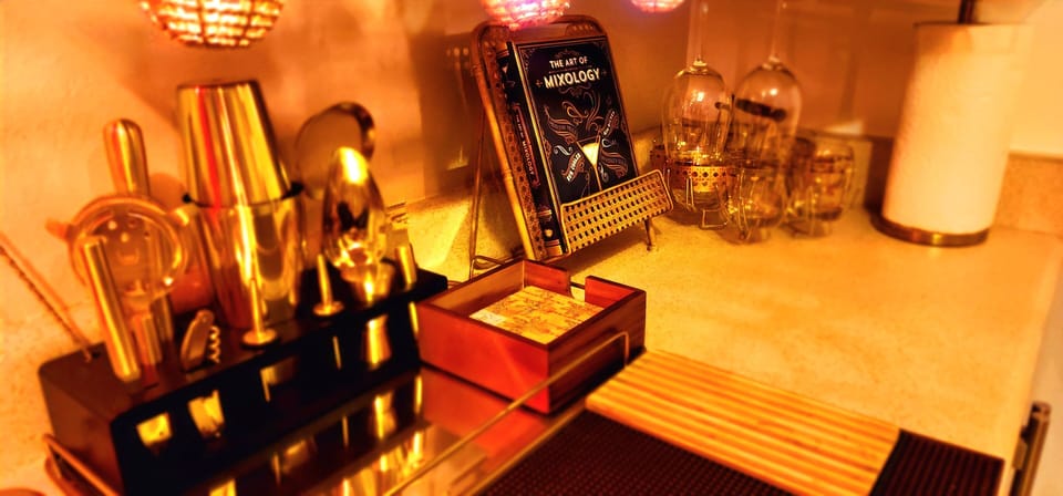 Bancock-inspired tiki bar and game room with complete craft cocktail tool set