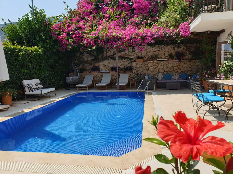 View across Villa Elsa’s lovely pool terrace, seating & sunbathing area