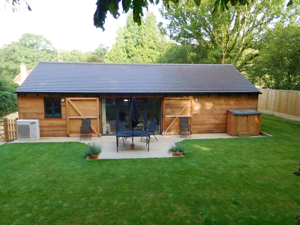 View from garden - heat pump on left, not air conditioner!