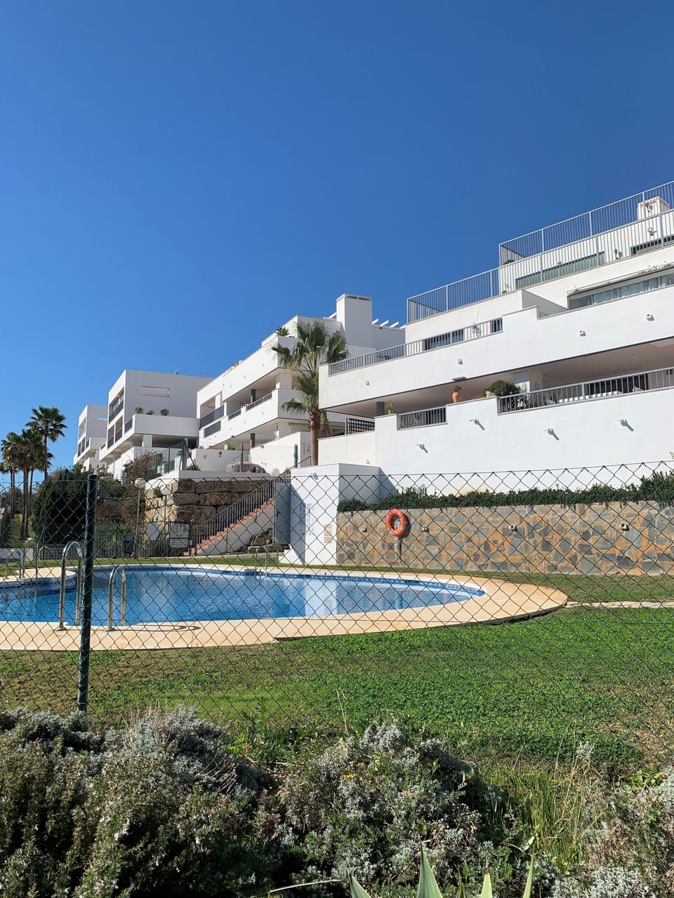 Outside view of apartment block and condo