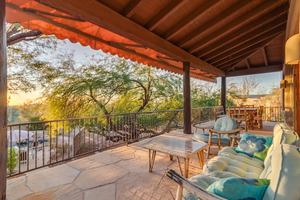 Step onto the stone balcony, where chairs and a table invite you to unwind amidst natural beauty. A tranquil escape awaits. 🪑🌿🏞️ #BalconyRetreat