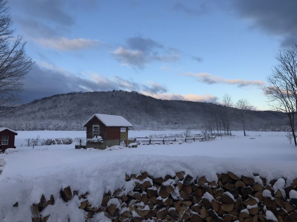 Snowy view of the rear of the property