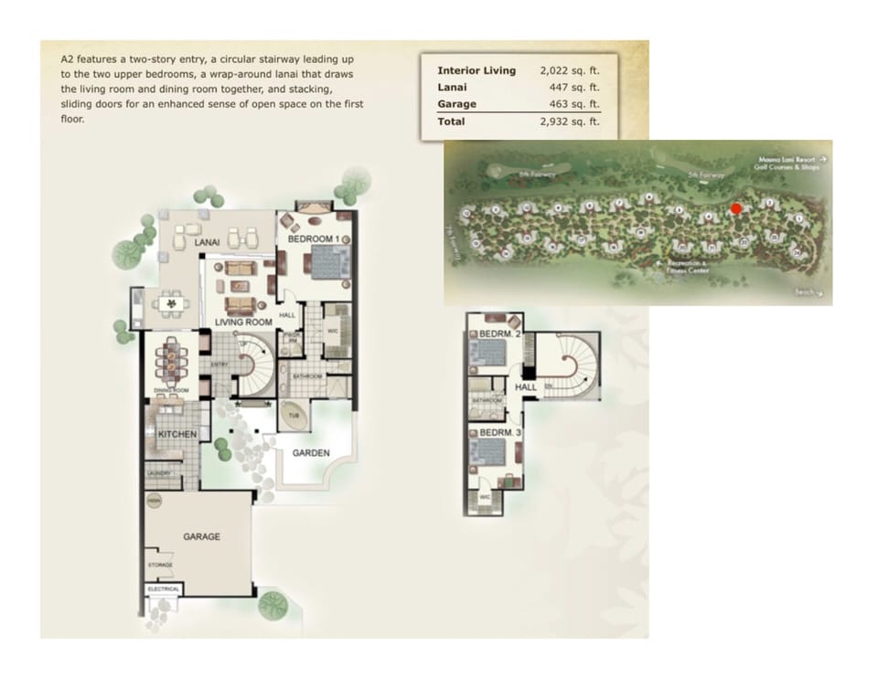 Spacious 3 Bedrooms, 2 1/2 Baths, 2 
Car Garage. Interior 2,022 SF, Lanai 447 SF