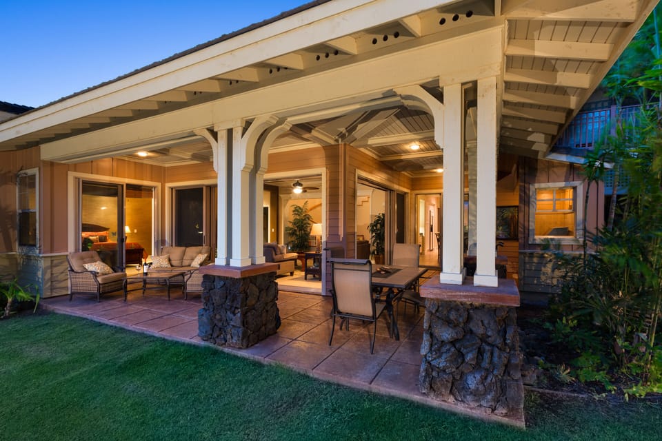 With 500 square feet of private Lanai looking at green and mountains.
