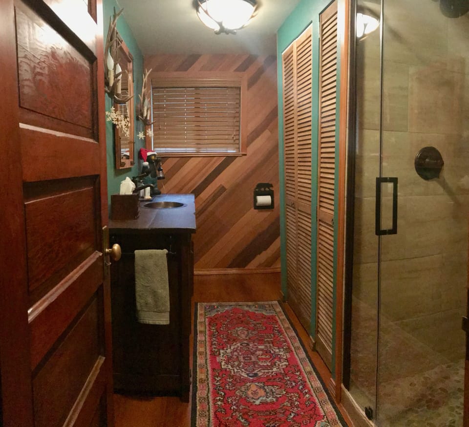 ...roomy shower and convenient washer and dryer hidden behind closet doors.