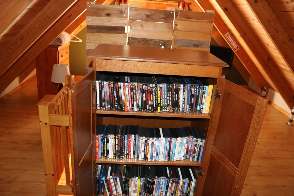 DVDs to watch are stored upstairs