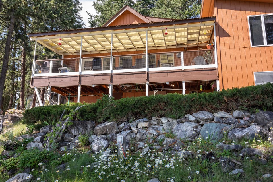 Looking up at the cabin from the yard below