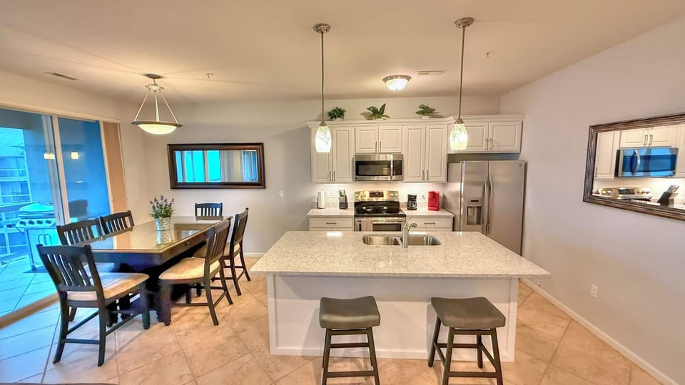 Newly remodeled kitchen with great views of lake from living room & dining area