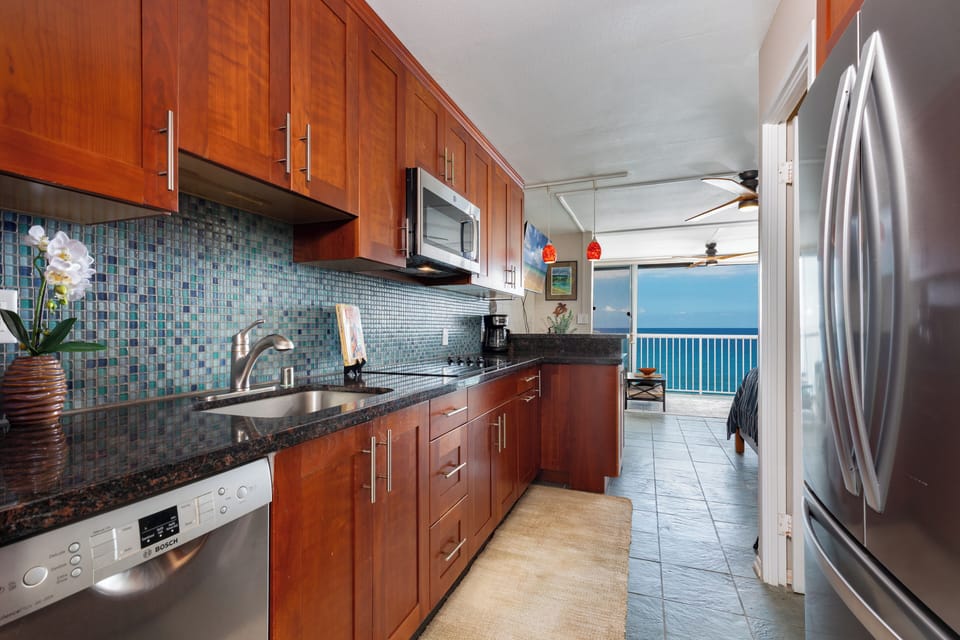 Ocean view from a fully stocked Kitchen