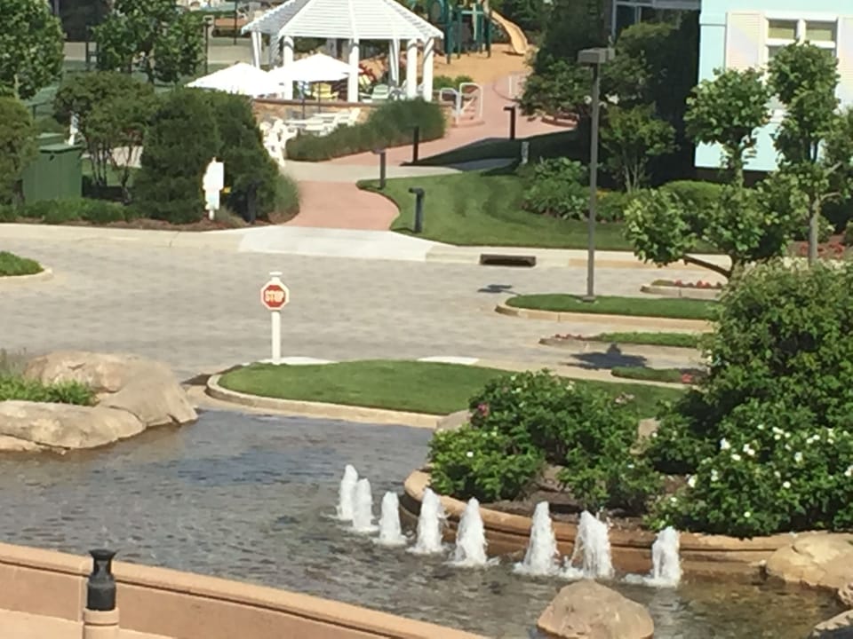 Dancing waterfall below condo.  Firepit in background-can be seen from balcony.