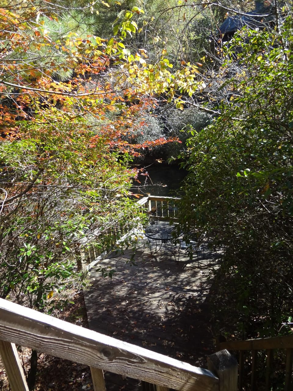 Steps from main deck lead to riverside deck & table.