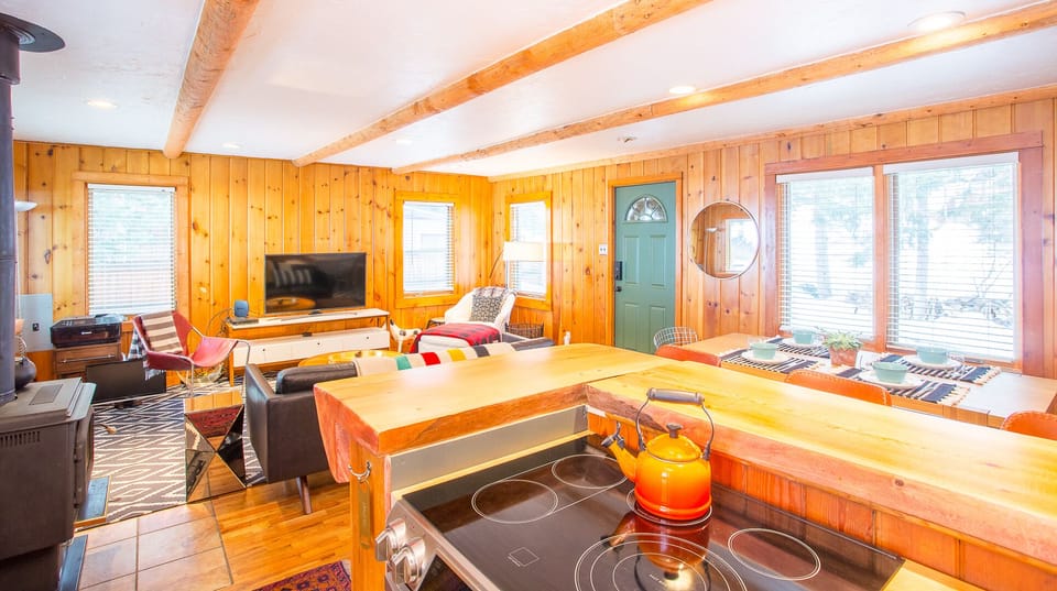 Gorgeous pine wood walls and wood floors throughout